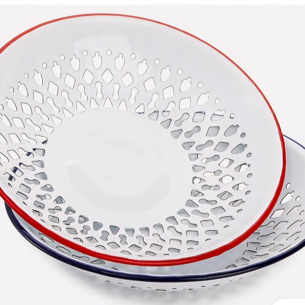 2 Pack Enamel Colander Strainer Selfdraining Bowl Plate Fruit Dishes